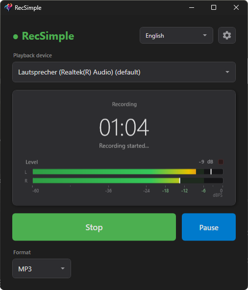 RecSimple během probíhajícího nahrávání