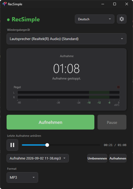 RecSimple mit einer fertigen Aufnahme in der Liste
