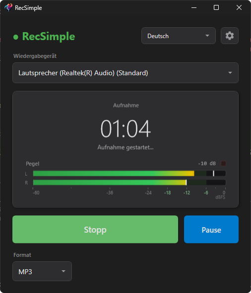 RecSimple während einer laufenden Aufnahme