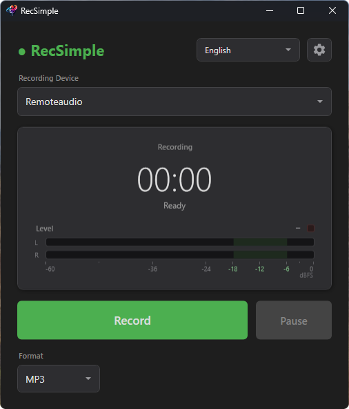 RecSimple main window with the microphone as recording device, ready to record