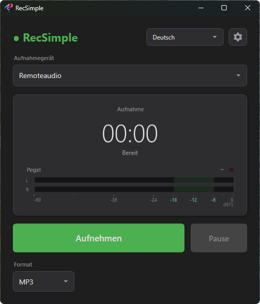 RecSimple-Hauptfenster mit dem Mikrofon als Aufnahmegerät, bereit zur Aufnahme