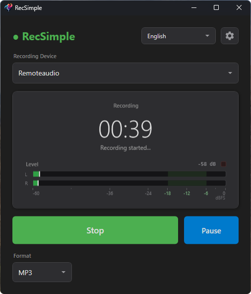RecSimple recording from the microphone, with time display and level meter