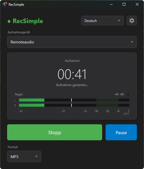 RecSimple während einer Aufnahme vom Mikrofon, mit Zeitanzeige und Pegelanzeige