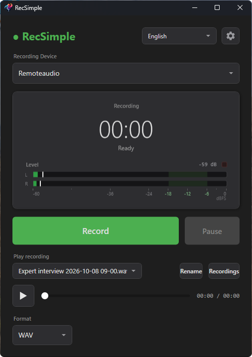 RecSimple with the microphone as recording device and the WAV format