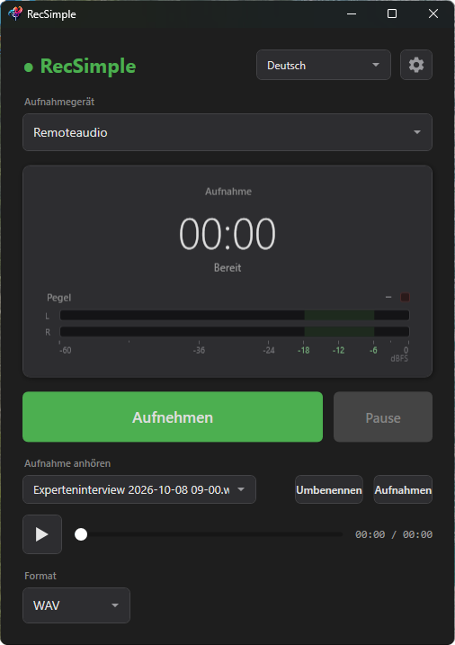 RecSimple mit dem Mikrofon als Aufnahmegerät und dem Format WAV