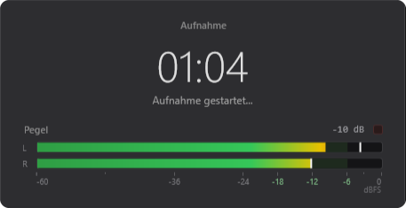 Pegelanzeige von RecSimple während einer Aufnahme, mit Pegelwert und Spitzenwertmarken für den linken und rechten Kanal