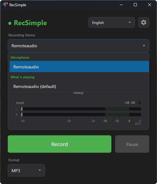 RecSimple with the device list open and a microphone selected as the recording device