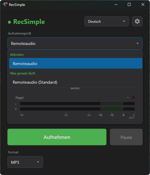 RecSimple mit aufgeklappter Geräteauswahl, unter Mikrofon ist das Aufnahmegerät gewählt