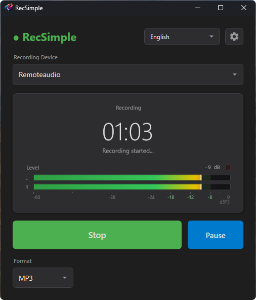 A recording in progress in RecSimple with level meter and the Stop and Pause buttons