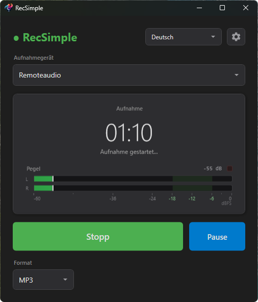 Laufende Aufnahme in RecSimple mit Pegelanzeige und den Knöpfen Stopp und Pause